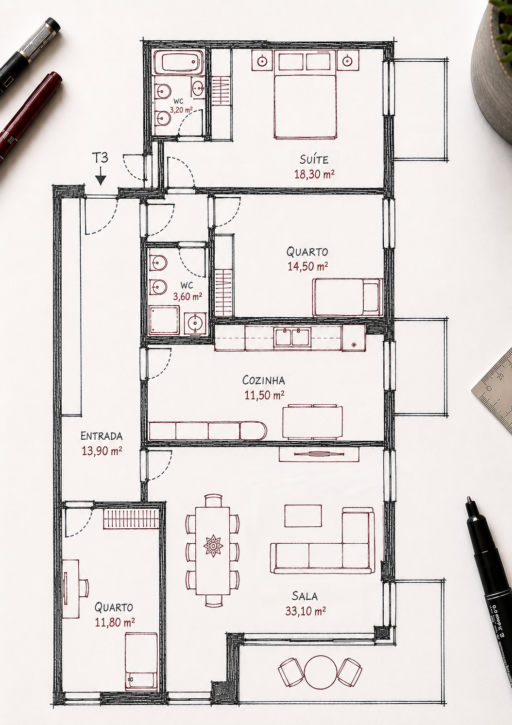 Planta do apartamento T3 com sala, cozinha, suite, dois quartos, instalações sanitárias e varandas